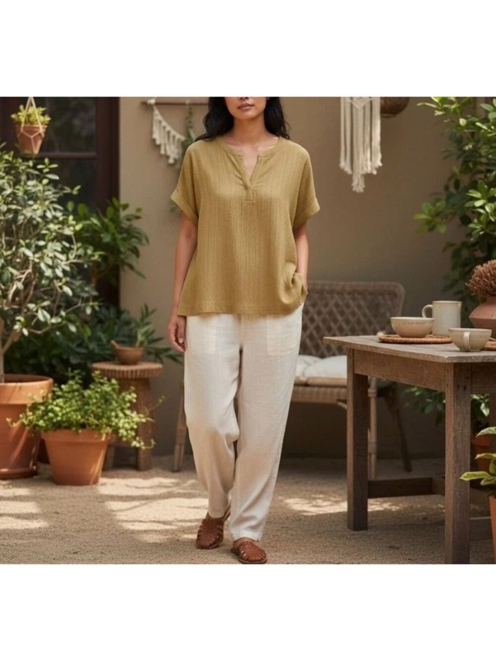 Matty M NWT‎ Honey Yellow Textured Cotton Split Neck Top Boho Sizes L/XL
